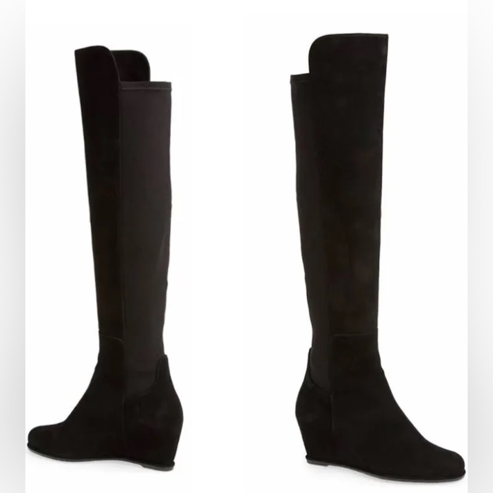 Stuart Weitzman over the knee "Semi" black suede low wedge boots 8.5 $695